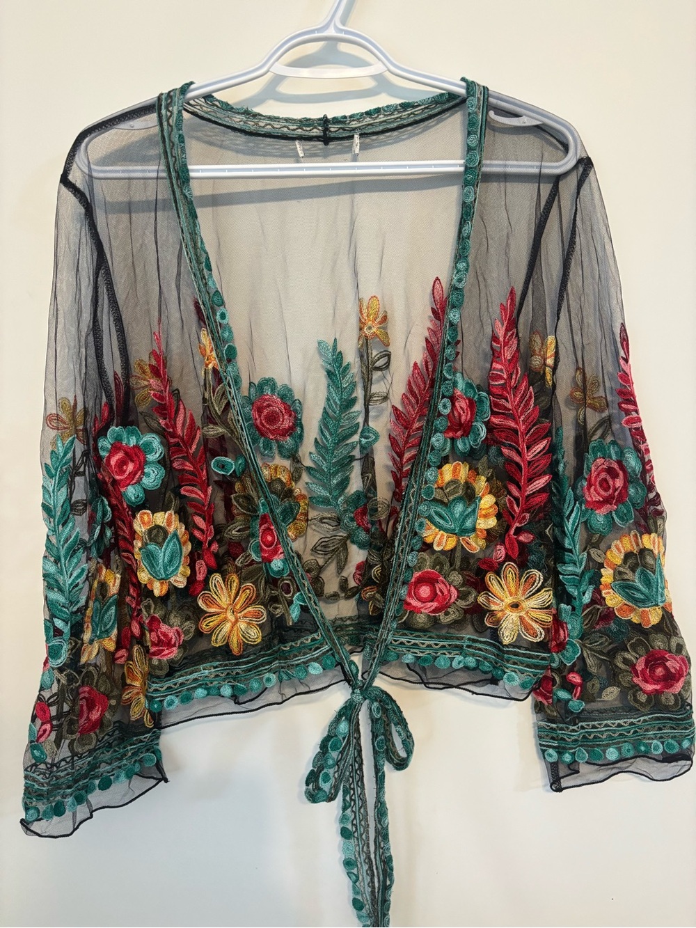 Rachel Zoe Sheer Black Tie-Front cover with Teal, Red & Gold Floral Embroidery